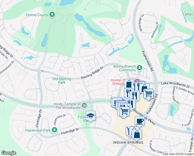 map of restaurants, bars, coffee shops, grocery stores, and more near 18 Columbia Crest Place in The Woodlands