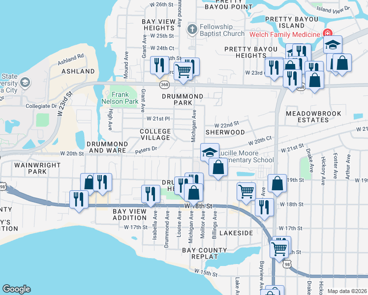 map of restaurants, bars, coffee shops, grocery stores, and more near 3730 Burnham Way in Panama City