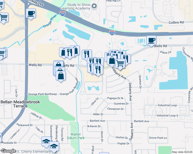 map of restaurants, bars, coffee shops, grocery stores, and more near 1754 Wells Road in Orange Park