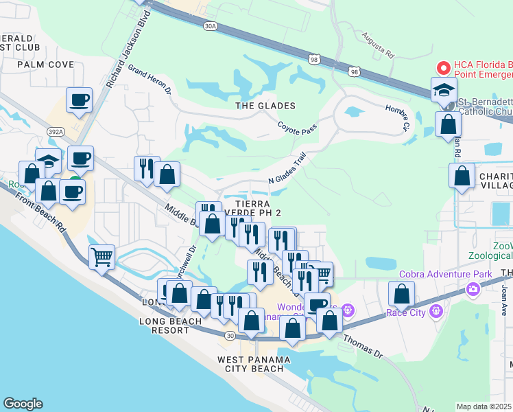 map of restaurants, bars, coffee shops, grocery stores, and more near 207 Tierra Verde Lane in Panama City Beach