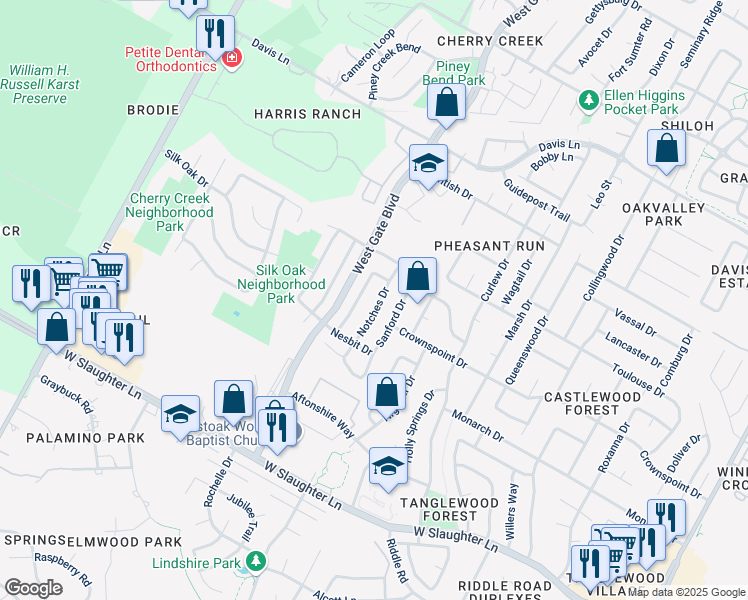map of restaurants, bars, coffee shops, grocery stores, and more near 9345 Notches Drive in Austin