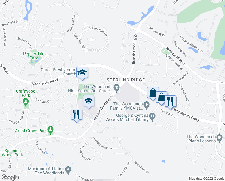 map of restaurants, bars, coffee shops, grocery stores, and more near 18 Blue Creek Place in Spring