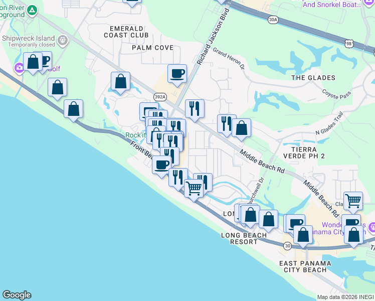 map of restaurants, bars, coffee shops, grocery stores, and more near 150 Abbie Lane in Panama City Beach