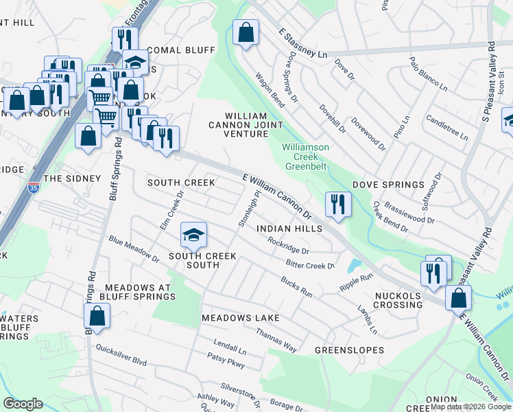 map of restaurants, bars, coffee shops, grocery stores, and more near 2305 Bendridge Trail in Austin