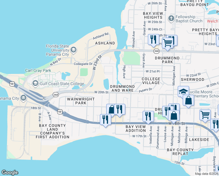 map of restaurants, bars, coffee shops, grocery stores, and more near 4324 West 20th Street in Panama City