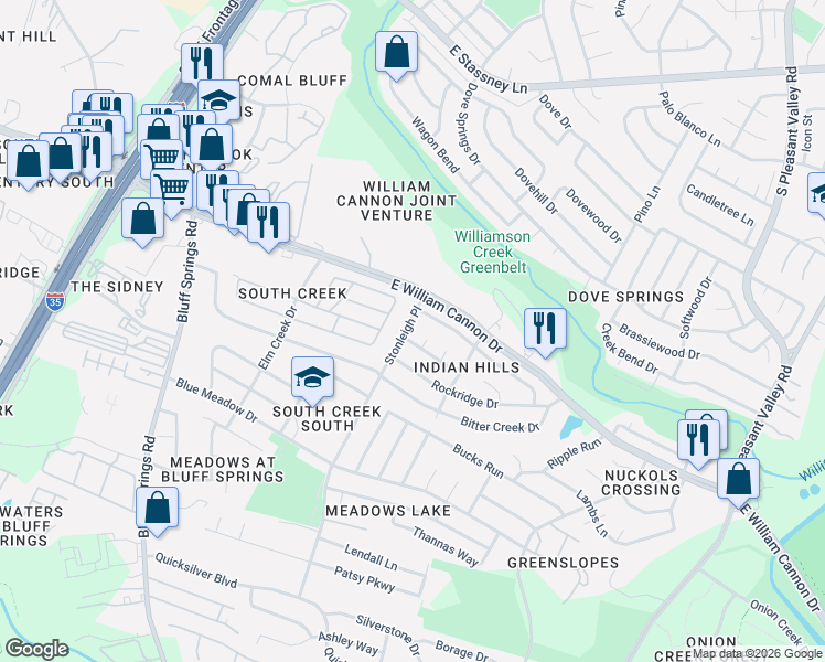 map of restaurants, bars, coffee shops, grocery stores, and more near 2305 Bendridge Trail in Austin