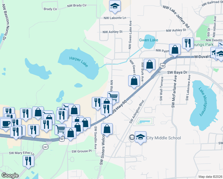 map of restaurants, bars, coffee shops, grocery stores, and more near in Lake City