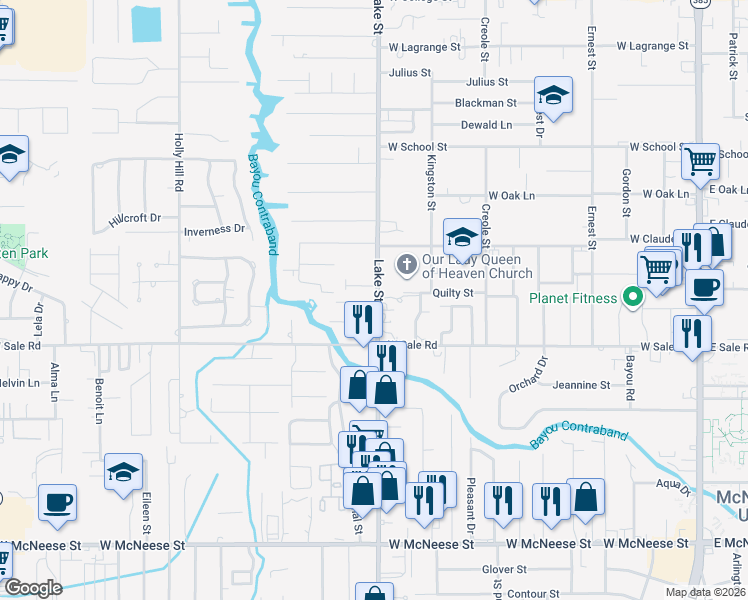 map of restaurants, bars, coffee shops, grocery stores, and more near 824 Garden Lane in Lake Charles