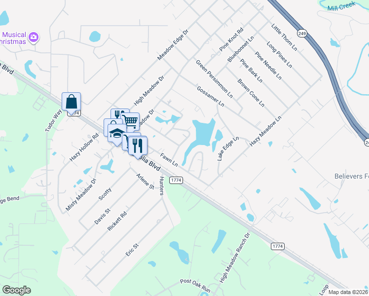 map of restaurants, bars, coffee shops, grocery stores, and more near 30519 Lake Circle Lane in Magnolia