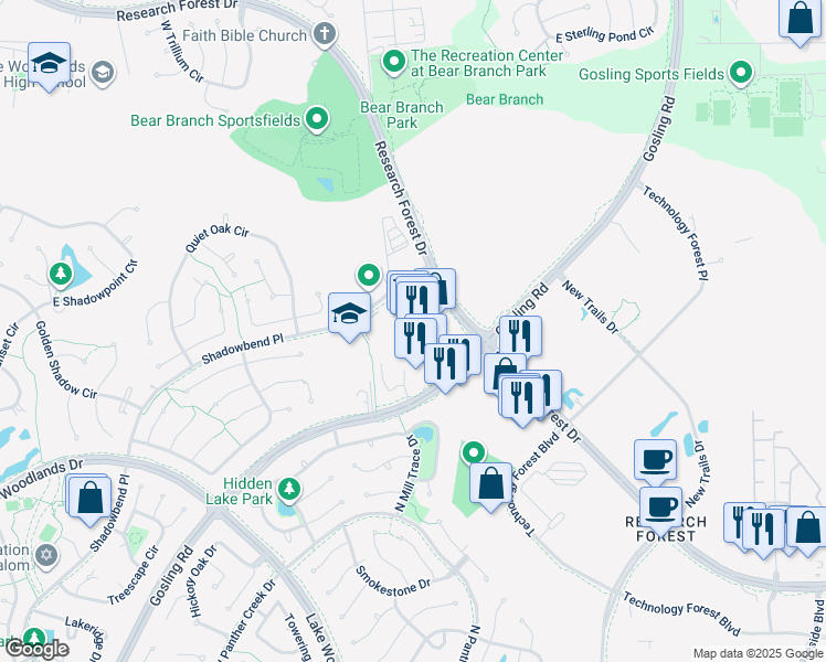 map of restaurants, bars, coffee shops, grocery stores, and more near 4747 Research Forest Drive in The Woodlands