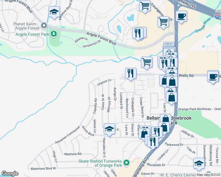 map of restaurants, bars, coffee shops, grocery stores, and more near 319 Auriga Drive in Orange Park