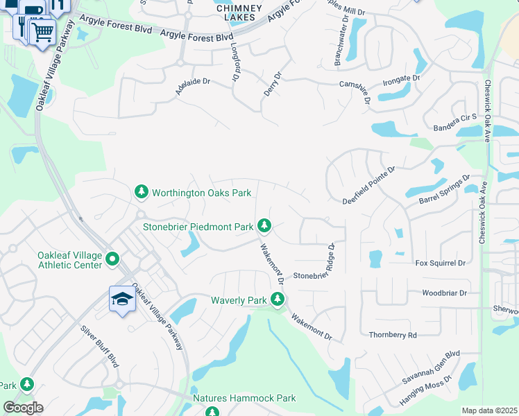 map of restaurants, bars, coffee shops, grocery stores, and more near 533 Wakemont Drive in Orange Park