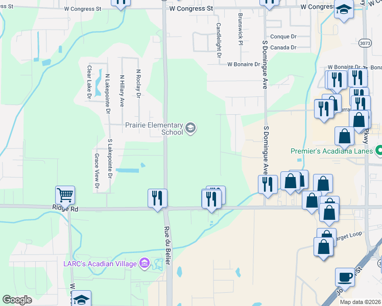 map of restaurants, bars, coffee shops, grocery stores, and more near 1131 Rue du Belier in Lafayette