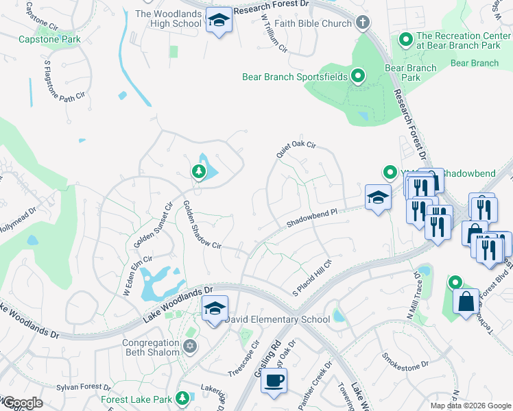 map of restaurants, bars, coffee shops, grocery stores, and more near 5 Featherfall Place in Spring