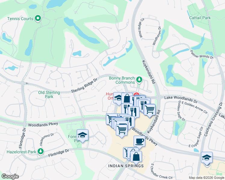 map of restaurants, bars, coffee shops, grocery stores, and more near 39 Douvaine Court in Spring
