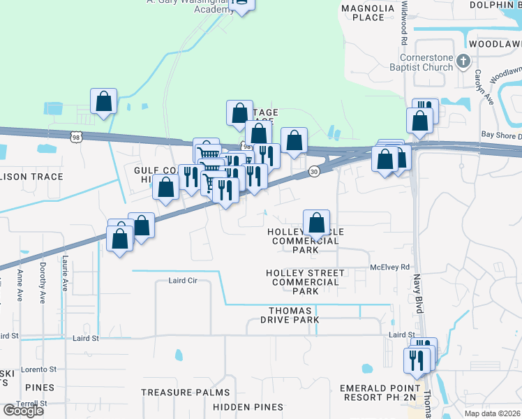 map of restaurants, bars, coffee shops, grocery stores, and more near 2174 Sterling Cove Boulevard in Panama City