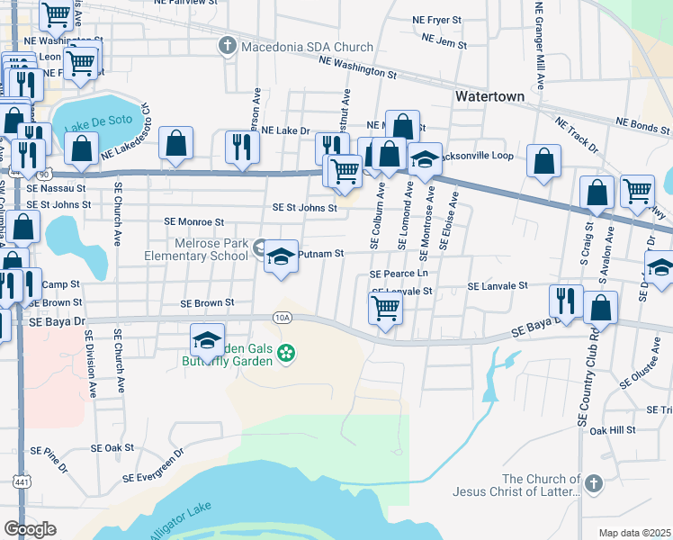 map of restaurants, bars, coffee shops, grocery stores, and more near 380 Southeast Melrose Way in Lake City