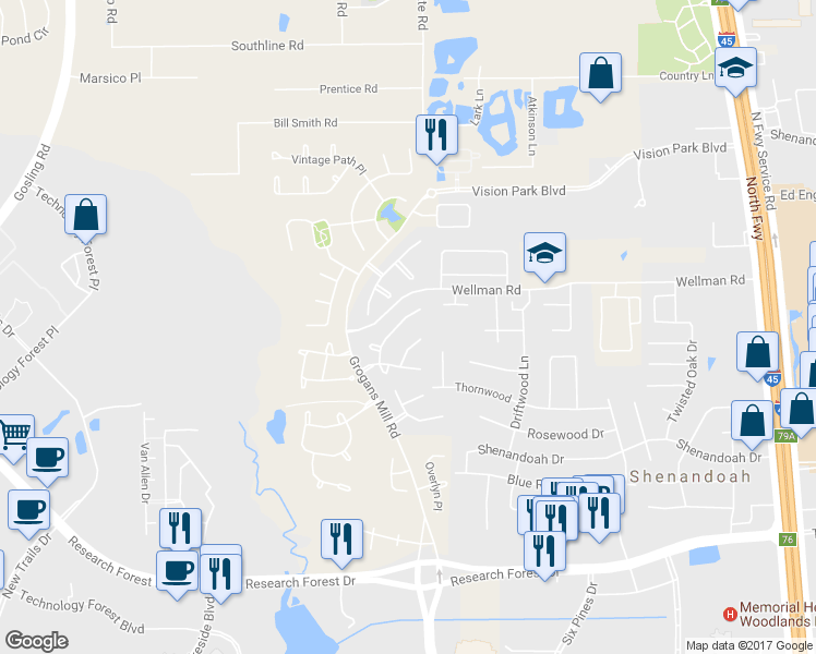 map of restaurants, bars, coffee shops, grocery stores, and more near 30 Delmar Green Place in Spring