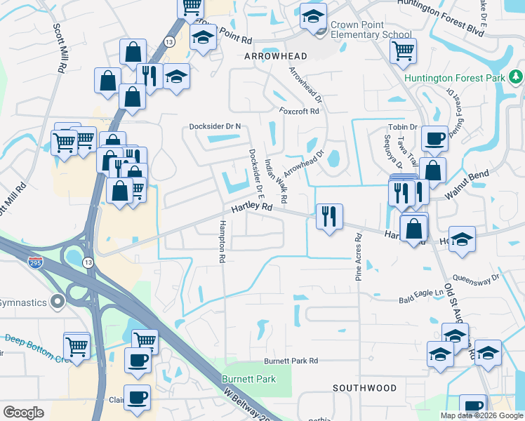 map of restaurants, bars, coffee shops, grocery stores, and more near 10525 Docksider Drive South in Jacksonville