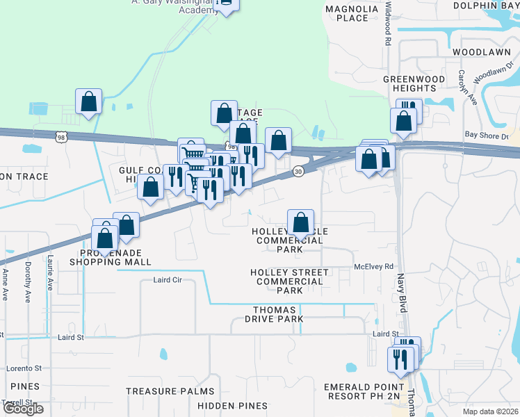 map of restaurants, bars, coffee shops, grocery stores, and more near 7721 Front Beach Road in Panama City Beach