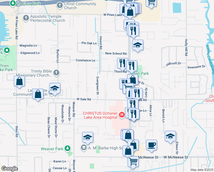 map of restaurants, bars, coffee shops, grocery stores, and more near 3940 Brinlee Street in Lake Charles