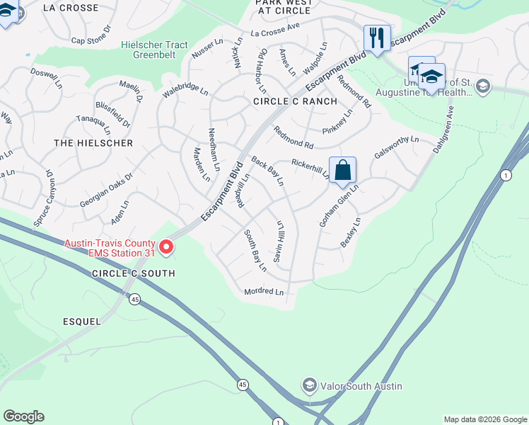 map of restaurants, bars, coffee shops, grocery stores, and more near 6101 Skahan Lane in Austin