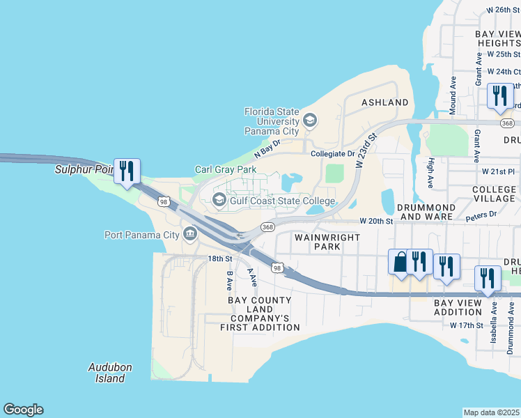 map of restaurants, bars, coffee shops, grocery stores, and more near College Street in Panama City