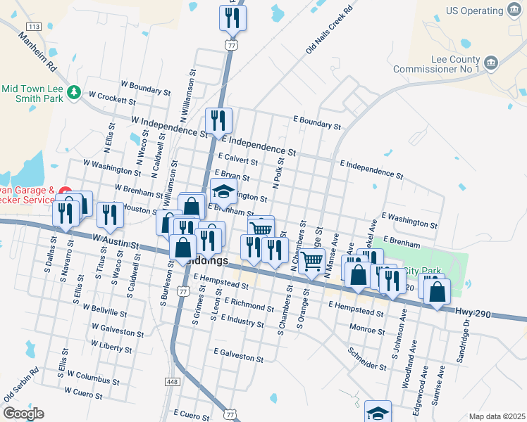 map of restaurants, bars, coffee shops, grocery stores, and more near 522 North Madison Street in Giddings