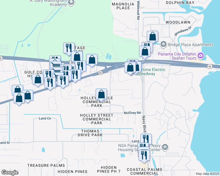 map of restaurants, bars, coffee shops, grocery stores, and more near 7529 Holley Lane in Panama City