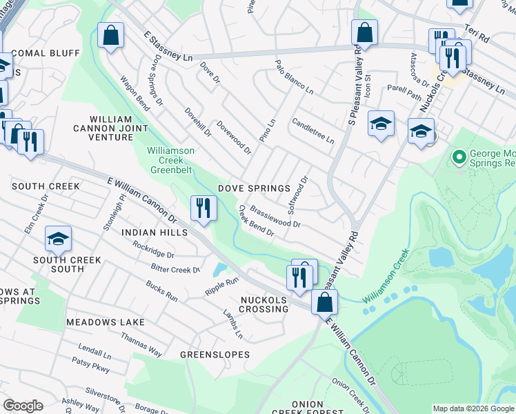 map of restaurants, bars, coffee shops, grocery stores, and more near 4606 Brassiewood Drive in Austin