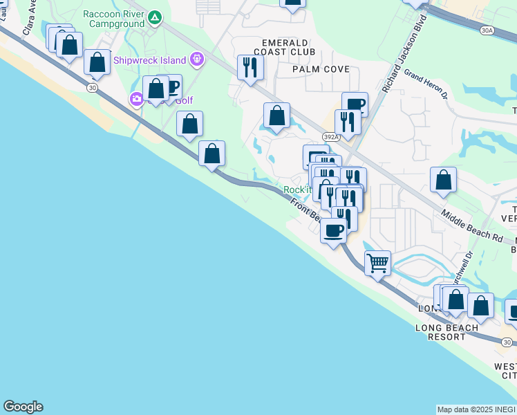 map of restaurants, bars, coffee shops, grocery stores, and more near 11619 Front Beach Road in Panama City