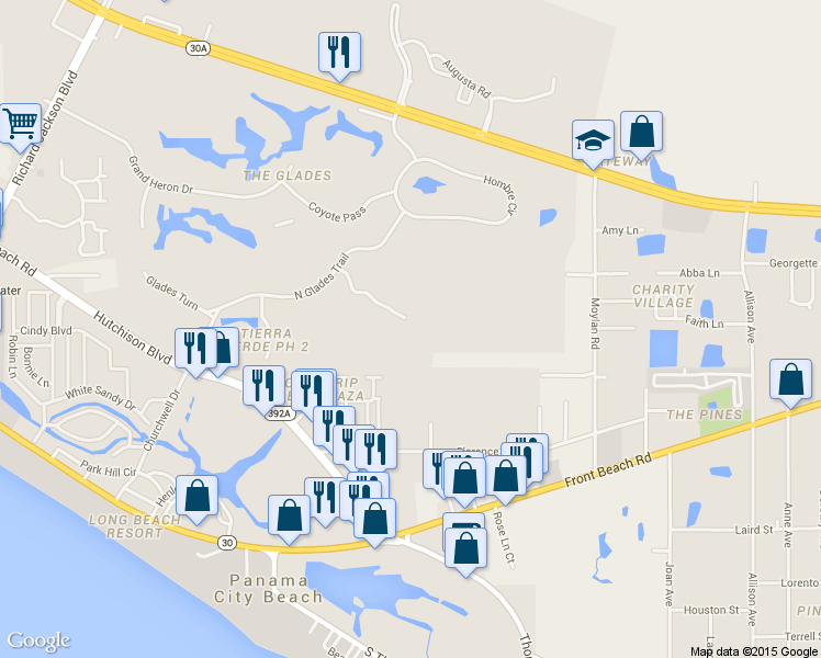 map of restaurants, bars, coffee shops, grocery stores, and more near 126 Tierra Verde Trail in Panama City Beach