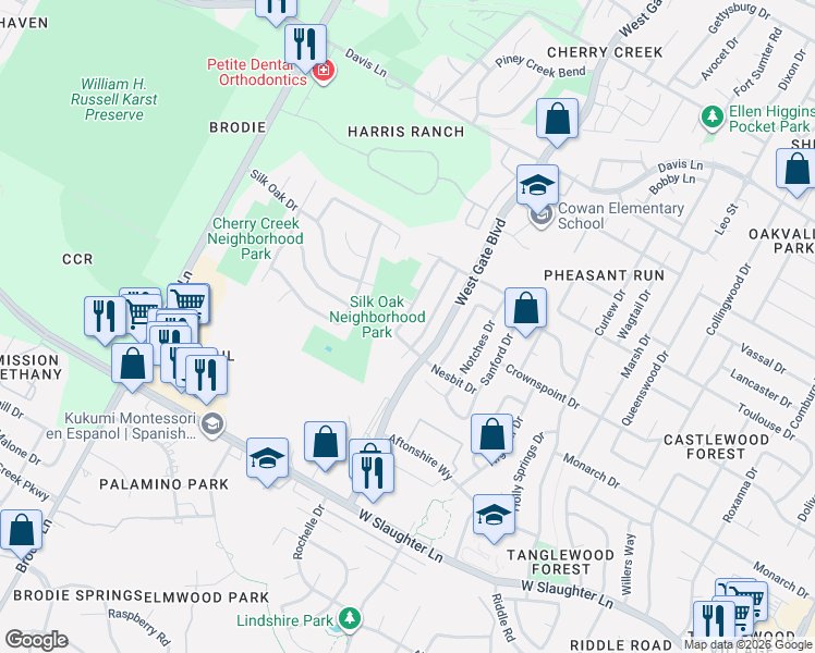 map of restaurants, bars, coffee shops, grocery stores, and more near 9404 Bradner Drive in Austin