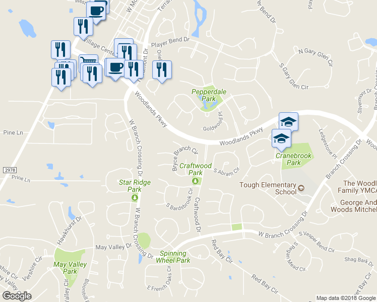map of restaurants, bars, coffee shops, grocery stores, and more near 67 Bryce Branch Circle in Spring