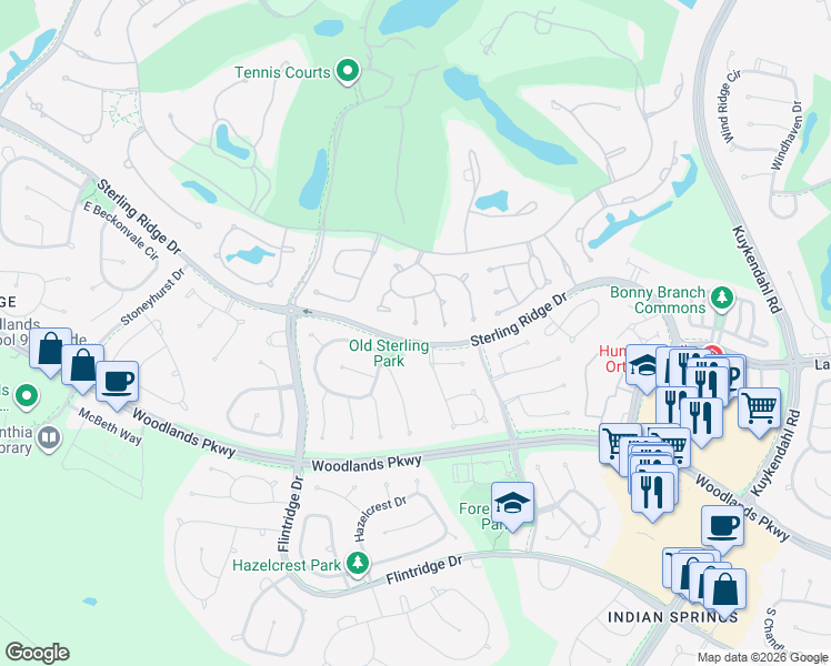map of restaurants, bars, coffee shops, grocery stores, and more near 10 Farington Way in Spring