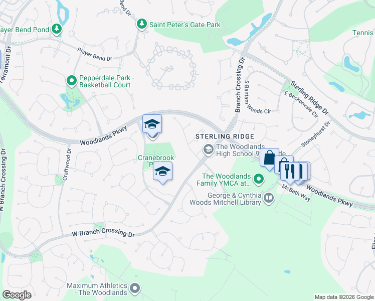 map of restaurants, bars, coffee shops, grocery stores, and more near 2 Scenic Brook Court in Spring
