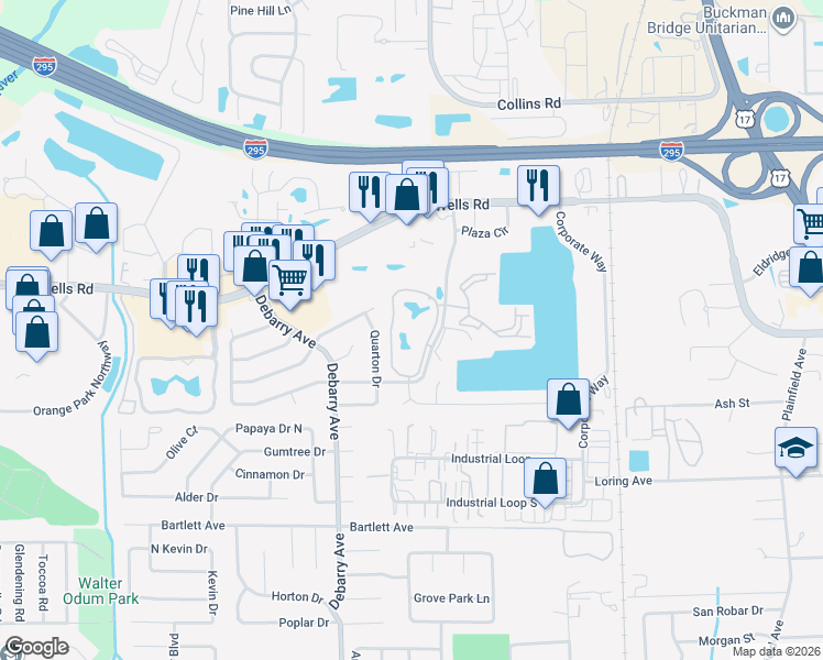 map of restaurants, bars, coffee shops, grocery stores, and more near 350 Crossing Boulevard in Orange Park