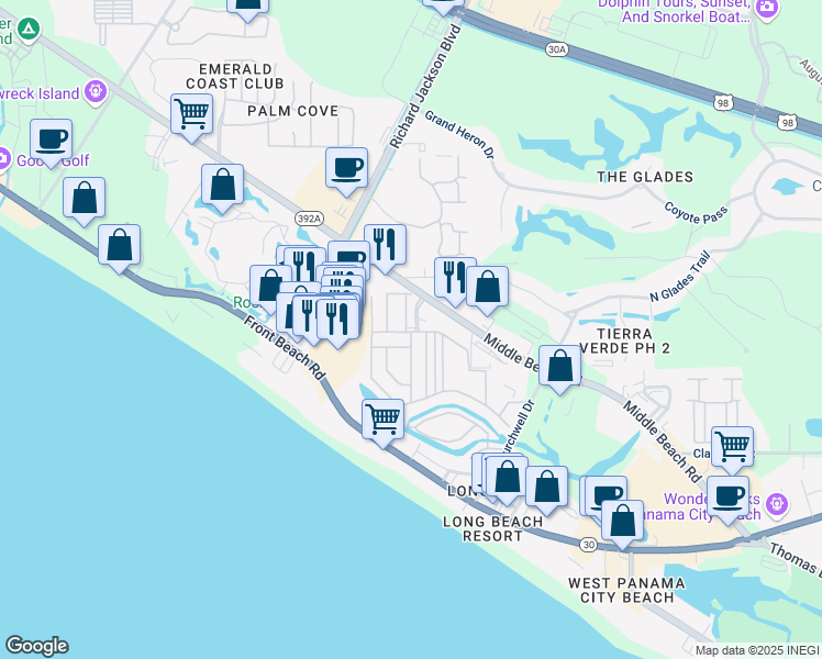 map of restaurants, bars, coffee shops, grocery stores, and more near 10997 Hutchison Boulevard in Panama City Beach