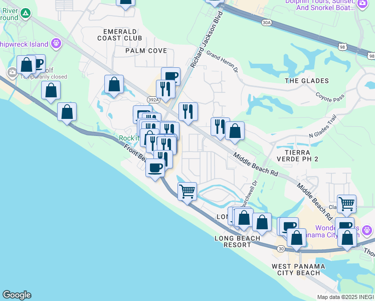 map of restaurants, bars, coffee shops, grocery stores, and more near 165 Damon Circle in Panama City Beach
