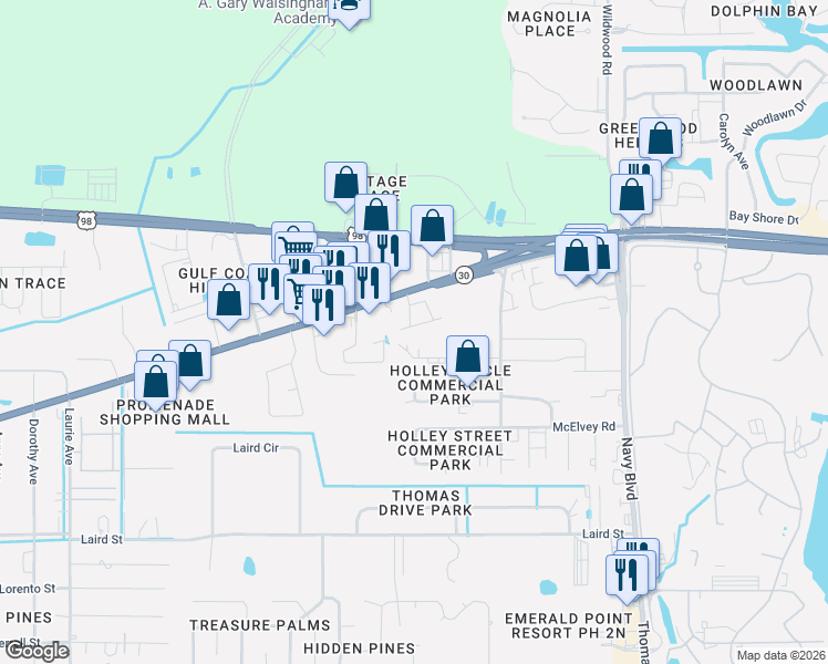 map of restaurants, bars, coffee shops, grocery stores, and more near 7539-7561 Front Beach Road in Panama City