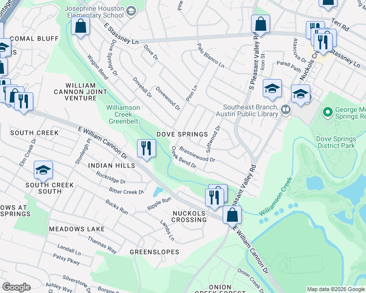 map of restaurants, bars, coffee shops, grocery stores, and more near 4603 Dove Springs Drive in Austin