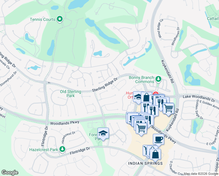 map of restaurants, bars, coffee shops, grocery stores, and more near 15 North Spring Brook Court in Spring