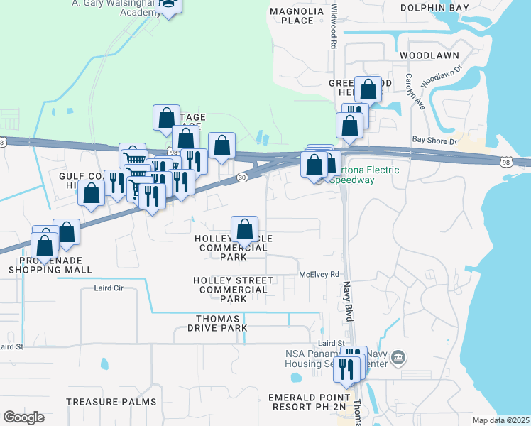 map of restaurants, bars, coffee shops, grocery stores, and more near 7501 Holley Lane in Panama City
