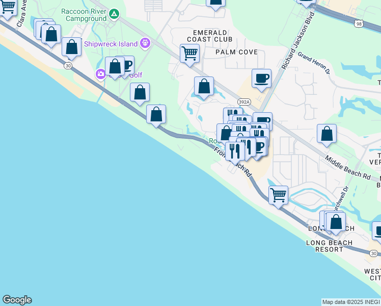map of restaurants, bars, coffee shops, grocery stores, and more near 11619 Front Beach Road in Panama City Beach