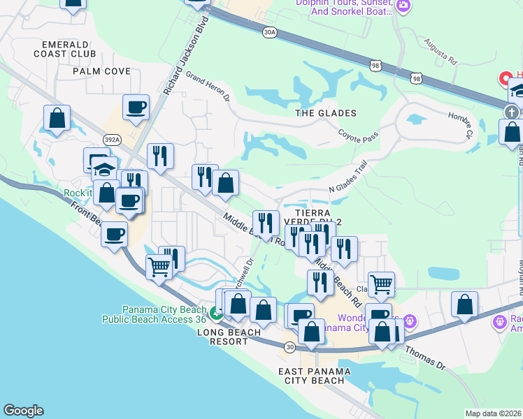 map of restaurants, bars, coffee shops, grocery stores, and more near 111 Glades Turn in Panama City Beach