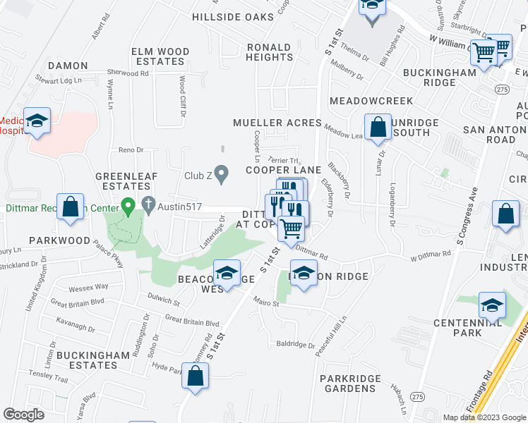 map of restaurants, bars, coffee shops, grocery stores, and more near 7804 Cooper Lane in Austin