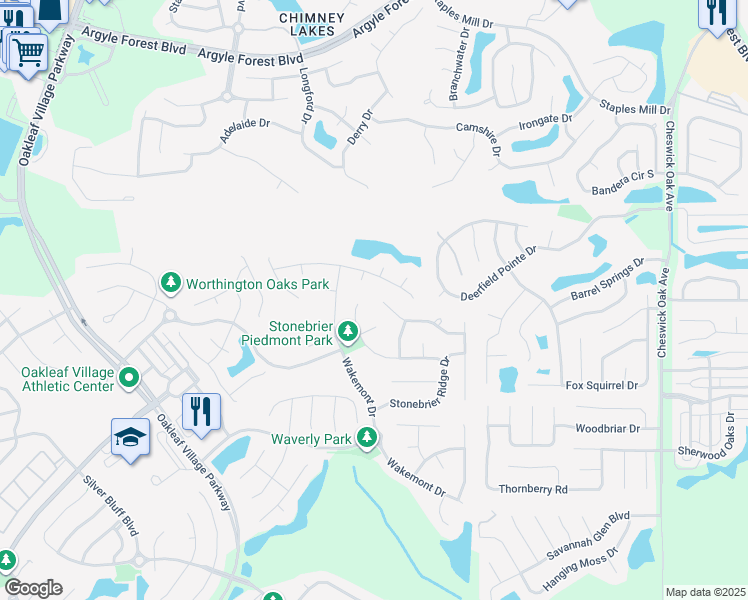 map of restaurants, bars, coffee shops, grocery stores, and more near 2879 Pebblewood Lane in Orange Park