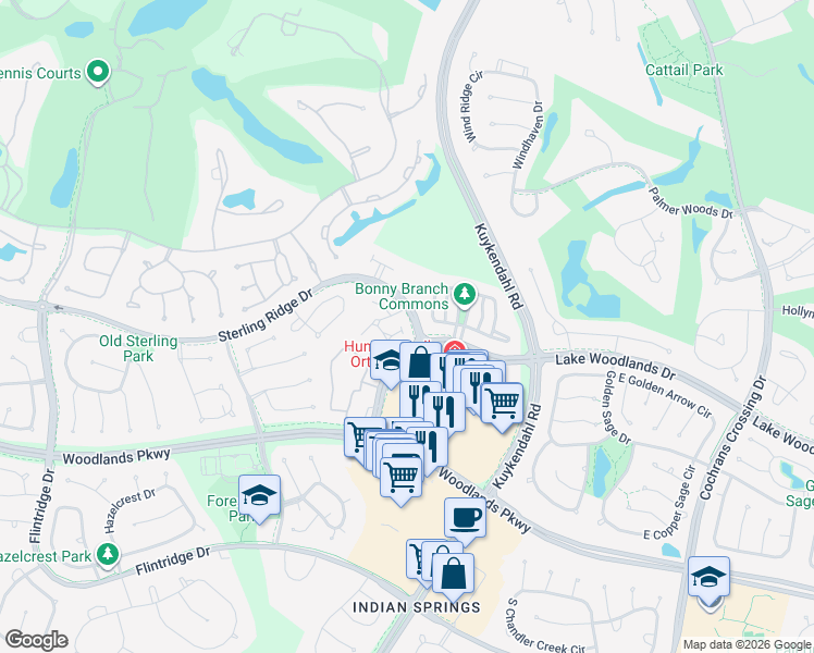 map of restaurants, bars, coffee shops, grocery stores, and more near 2 Douvaine Court in Spring