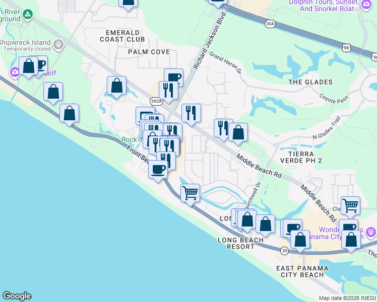 map of restaurants, bars, coffee shops, grocery stores, and more near 165 Damon Circle in Panama City Beach