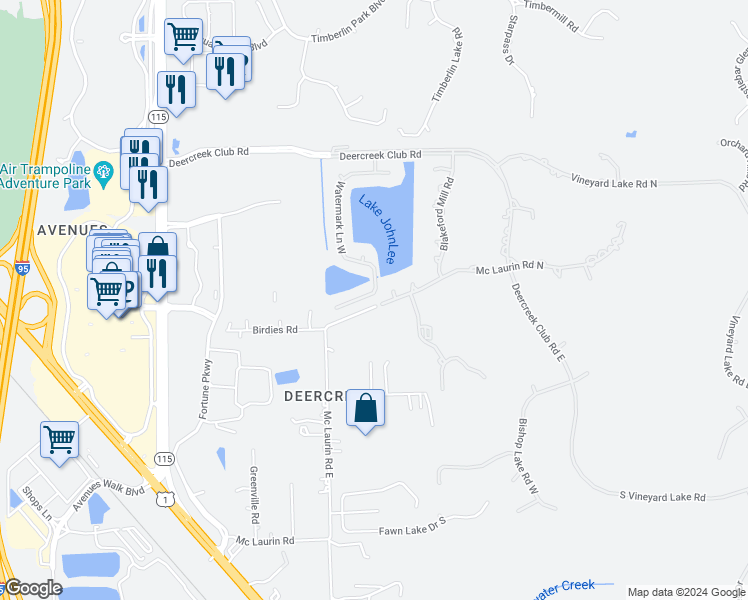 map of restaurants, bars, coffee shops, grocery stores, and more near 9944 Watermark Lane South in Jacksonville
